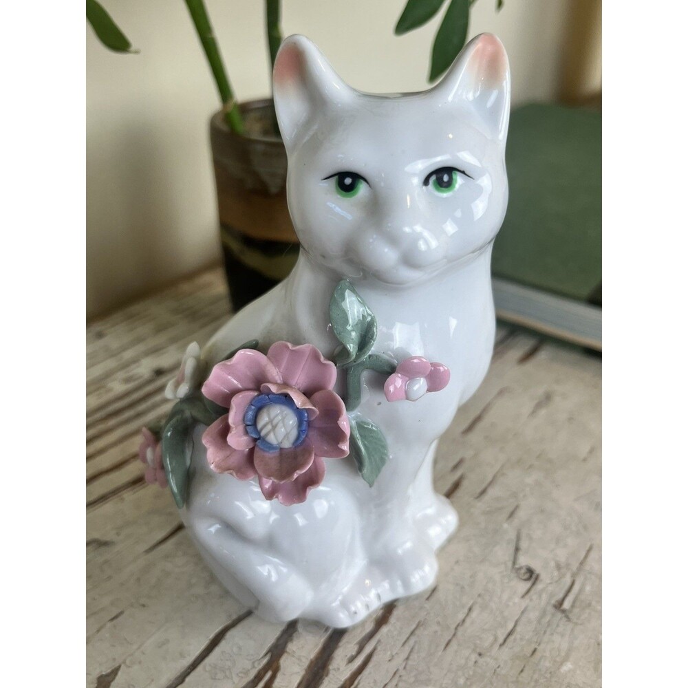 Vintage Ceramic Porcelain 6" Tall Hand Painted White Cat Kitty W/Applied Flowers